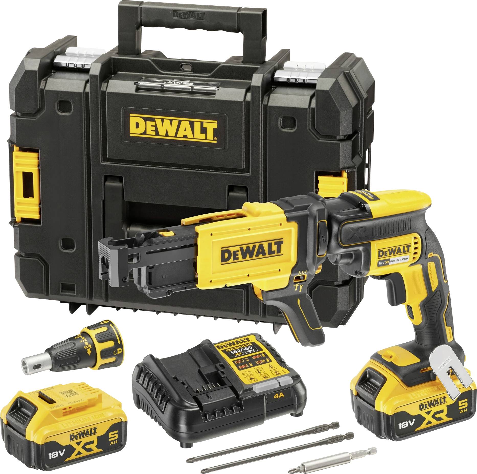 A set comprising a yellow cordless drill with accessories, charger, and tool case, all marked with the 'DeWALT' logo.