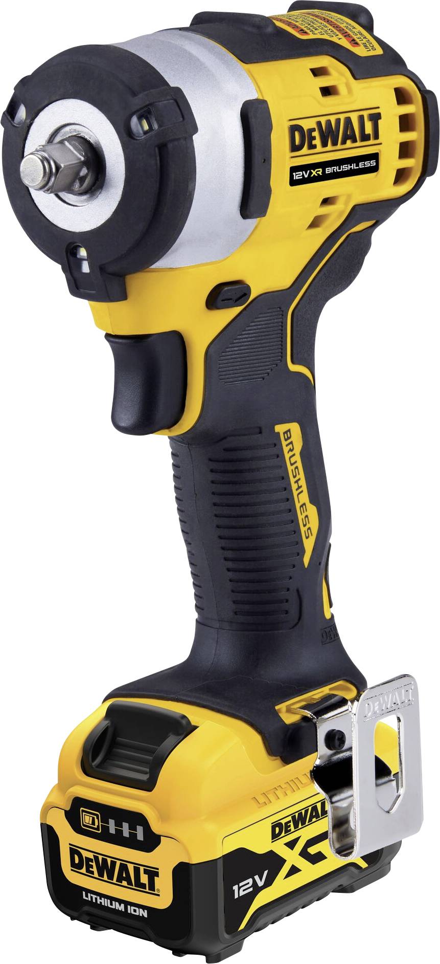 Cordless drill in yellow and black design with 'DeWalt' logo on the front. Includes a detachable, rechargeable battery.