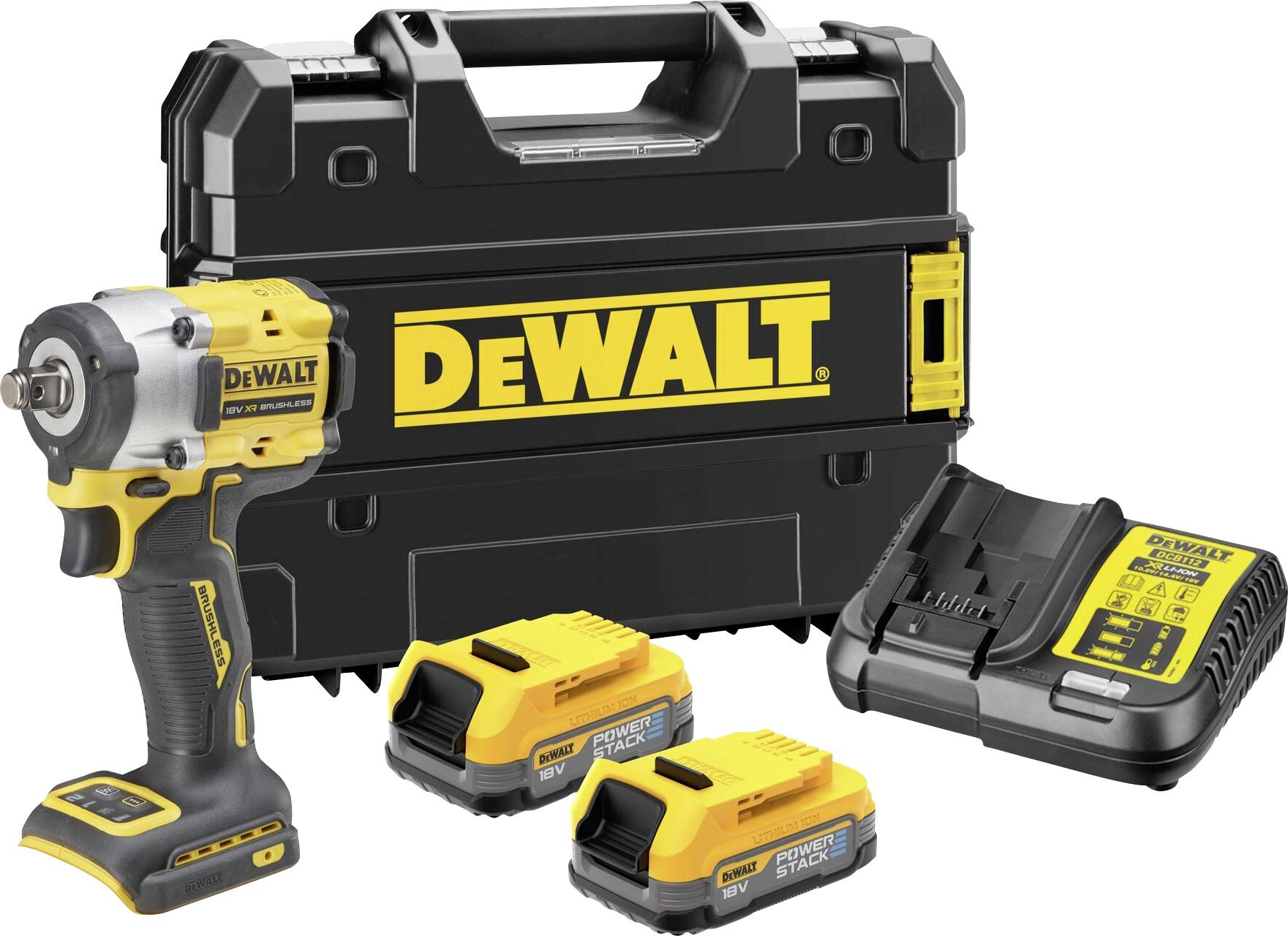 A yellow cordless impact driver with a black handle, positioned next to two yellow batteries and a charger, all in front of a carry case.