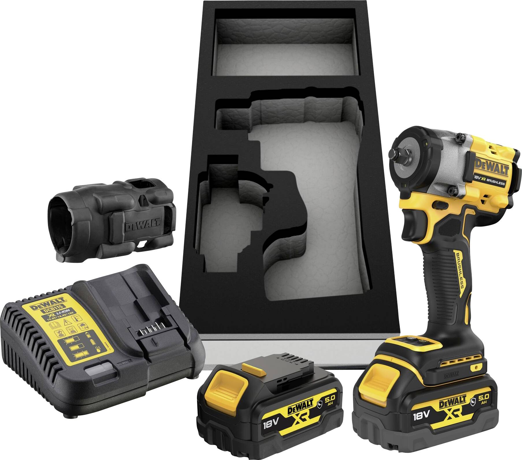 A cordless impact driver set with charger, two batteries, and a carry case is pictured.
