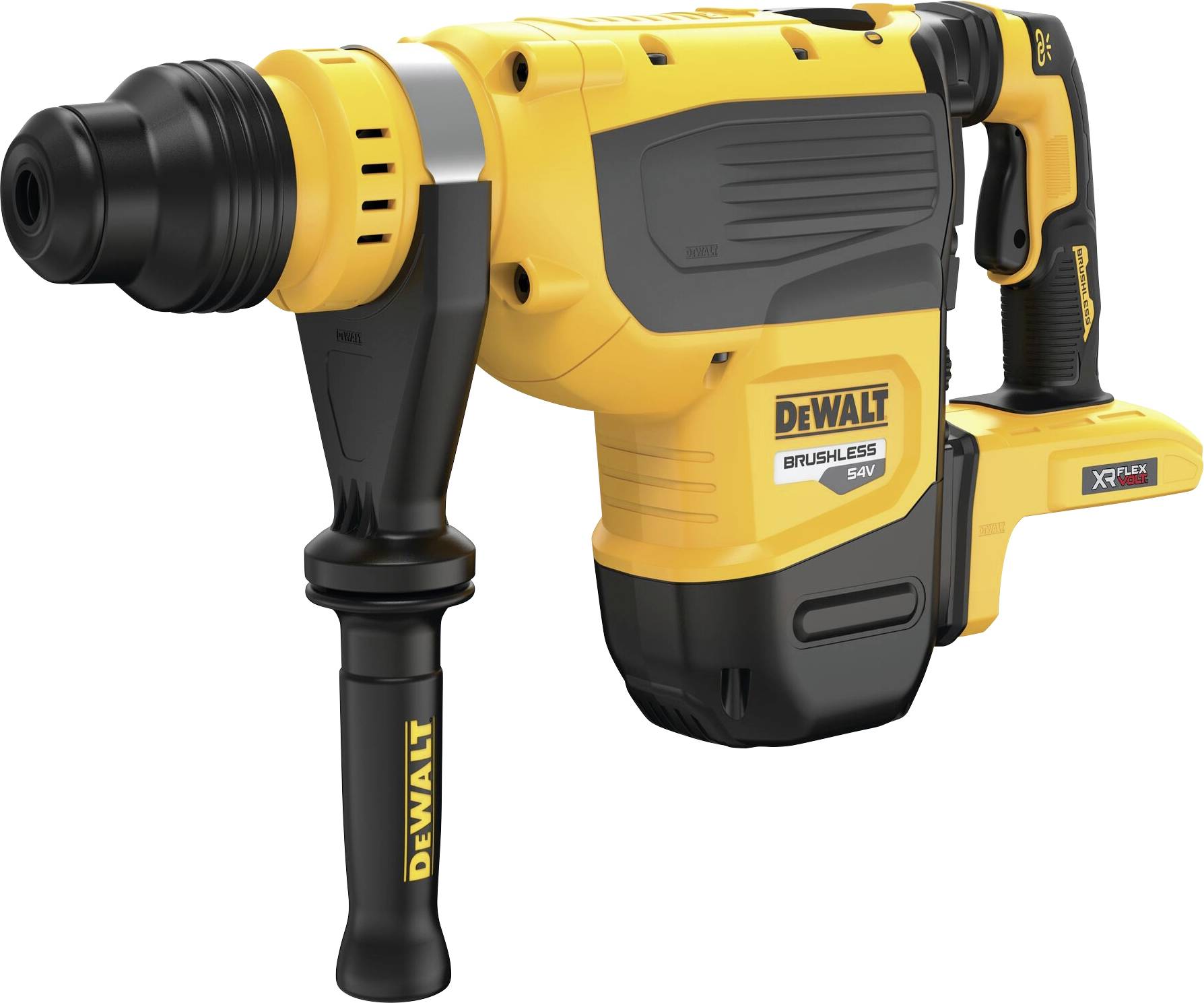 A yellow cordless hammer drill with a black handle and black drill head, marked with 'DeWalt' in black lettering.