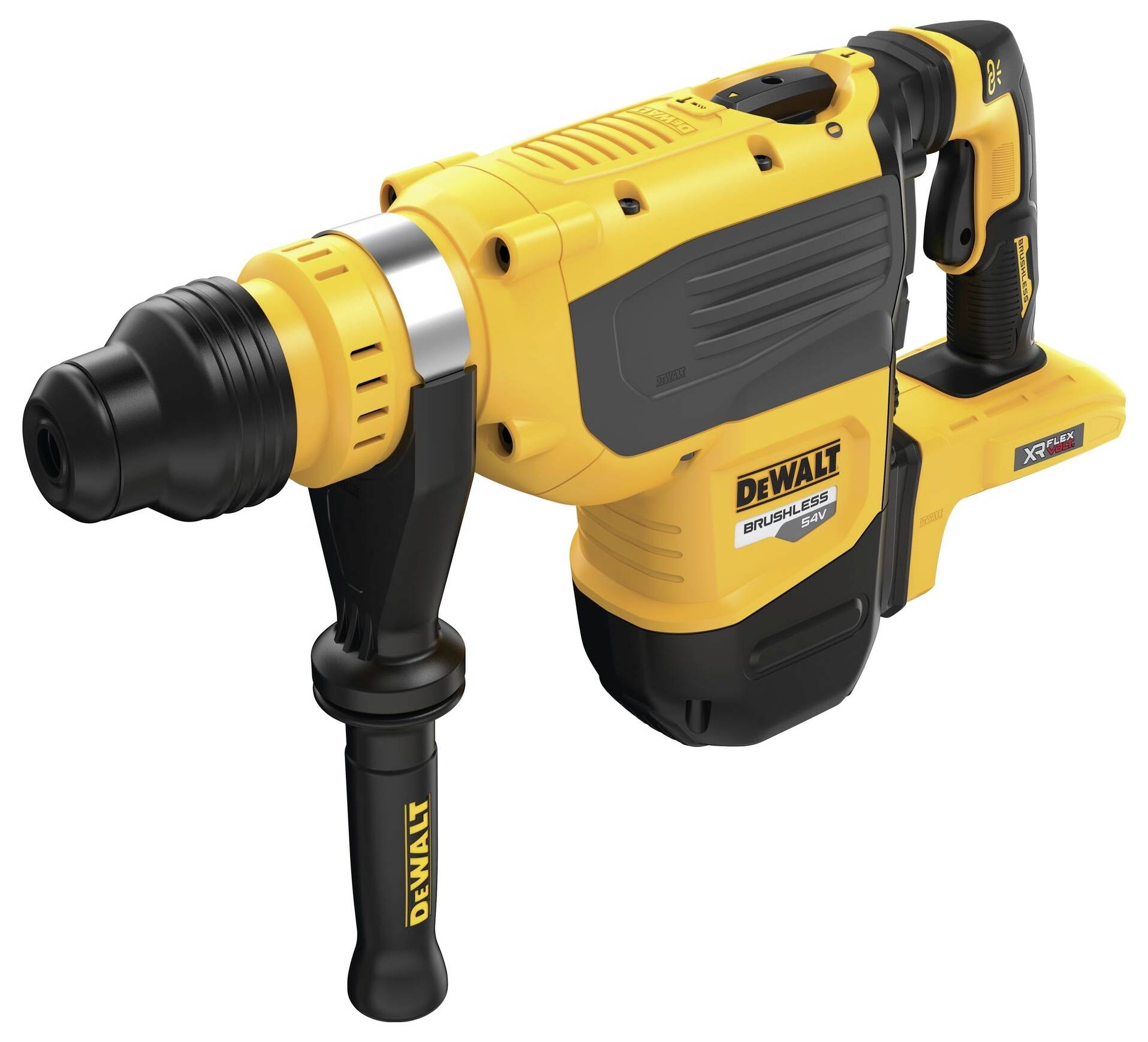 A yellow and black DeWalt rotary hammer with handle, suitable for construction and renovation projects, on a white background.