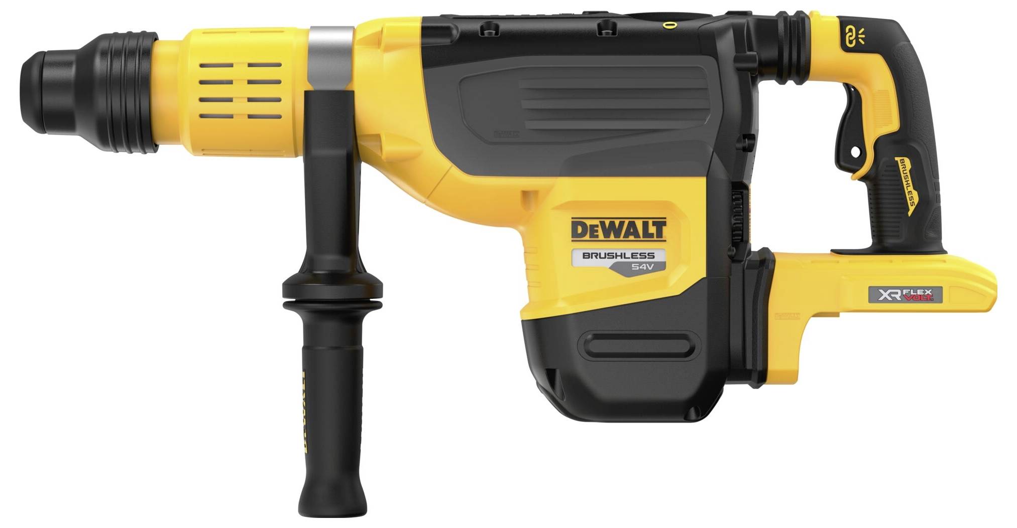 A yellow and black DeWalt hammer drill with a side handle and cable connection, suitable for heavy-duty construction work.