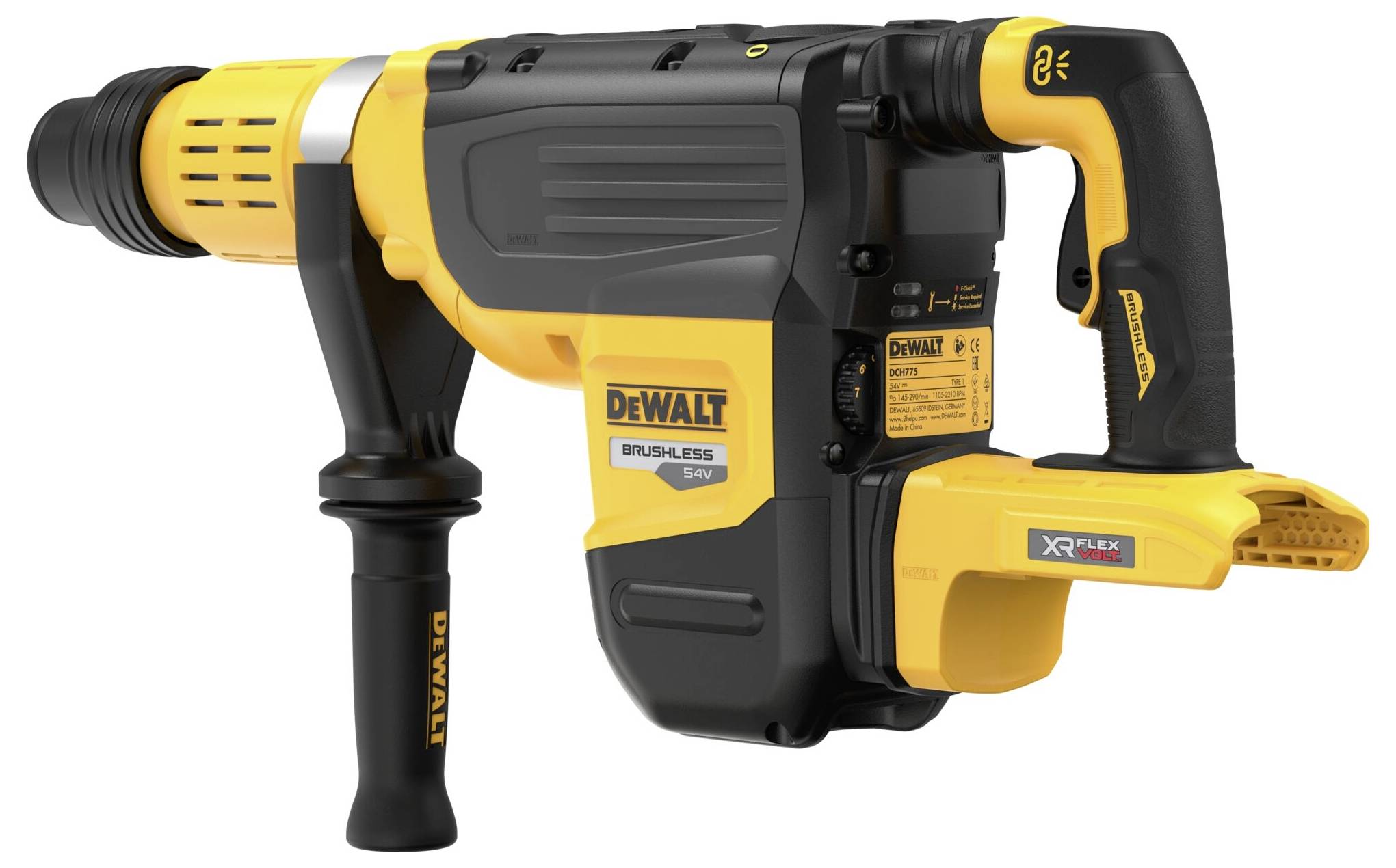 Yellow and black hammer drill with side handle and 'DeWalt' brand marking. Suitable for heavy-duty construction work.