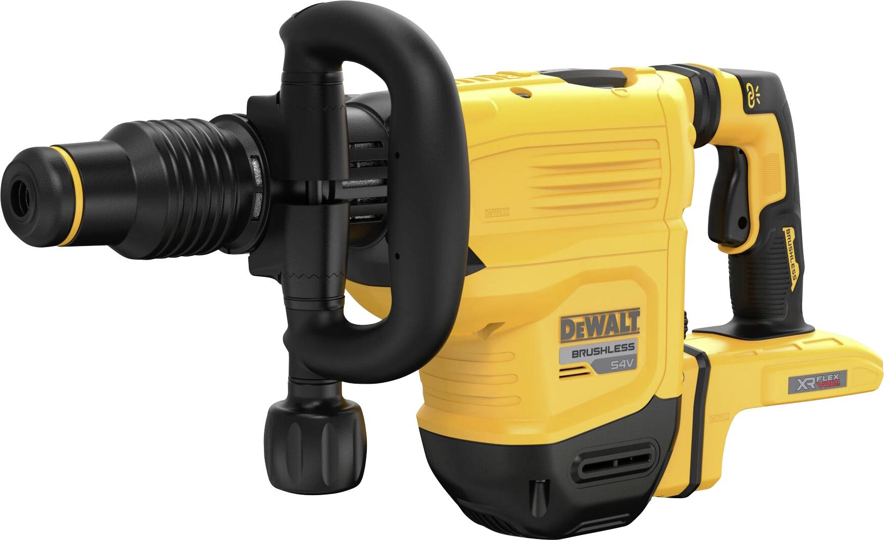 A yellow, brushless cordless demolition hammer with a black handle and trigger, designed for heavy-duty demolition work.