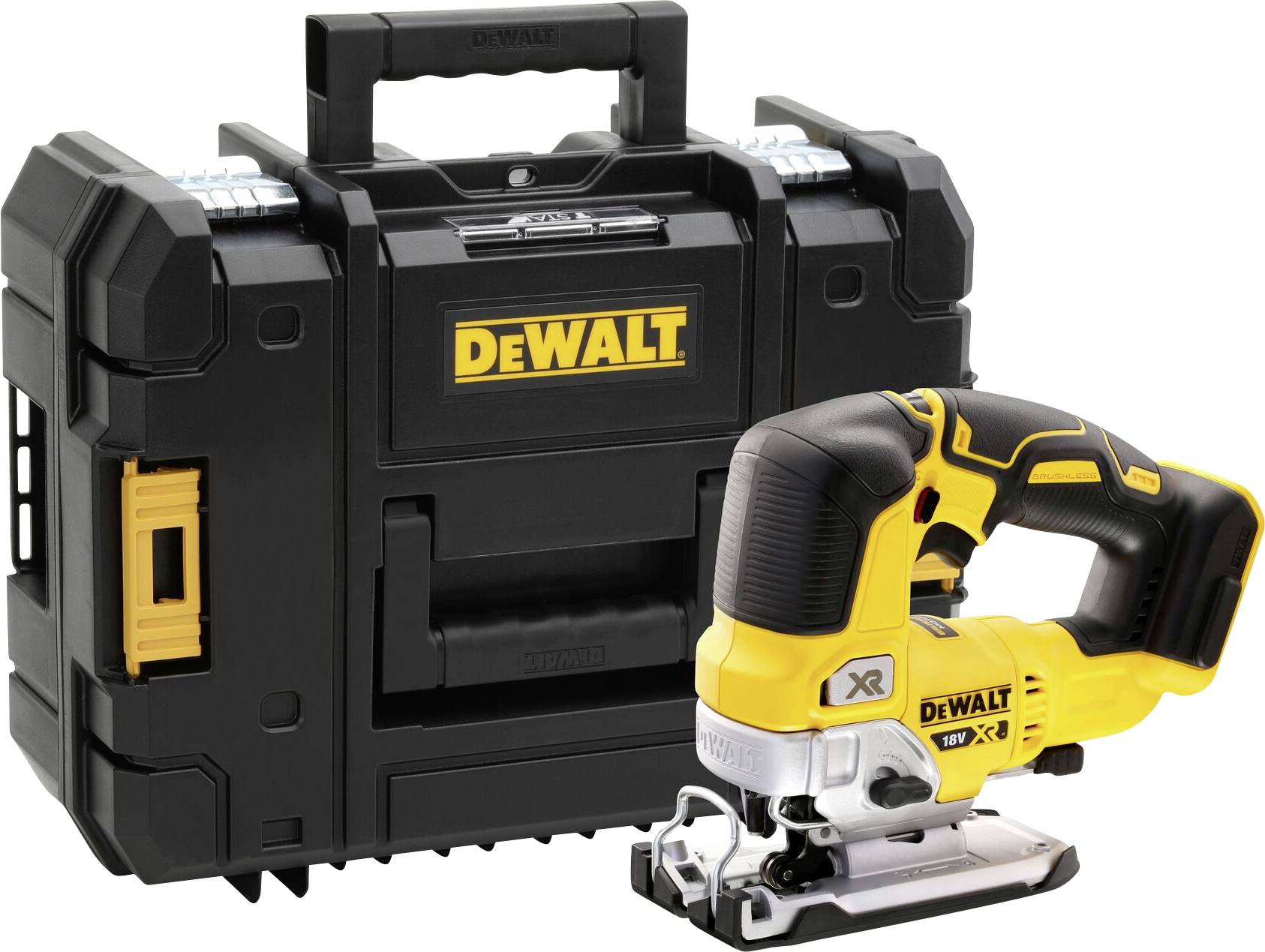 Black and yellow suitcase with 'DeWALT' logo and yellow cordless jigsaw with black handle, also featuring the 'DeWALT' logo.