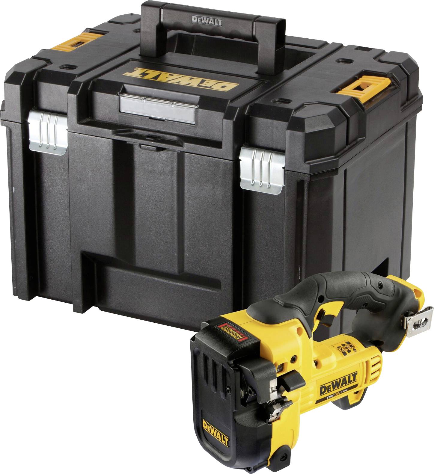 DeWalt tool case and cordless hand saw in black and yellow. Robust with carrying handle. Ideal for construction and renovation work.