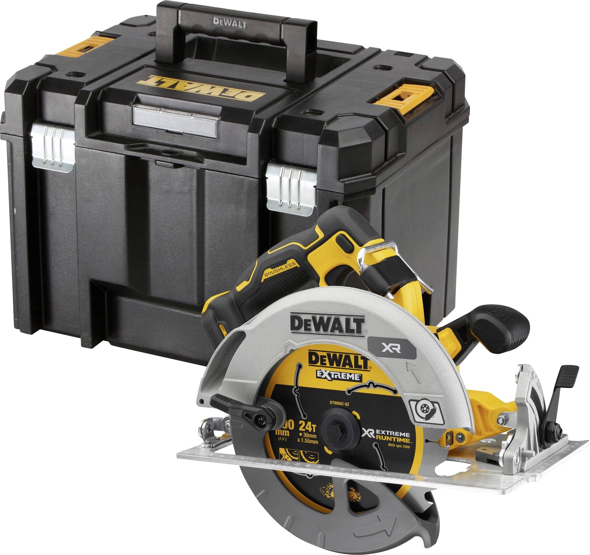 Battery-powered circular saw in front of a black toolbox. 'DeWalt' brand logo visible on both items.
