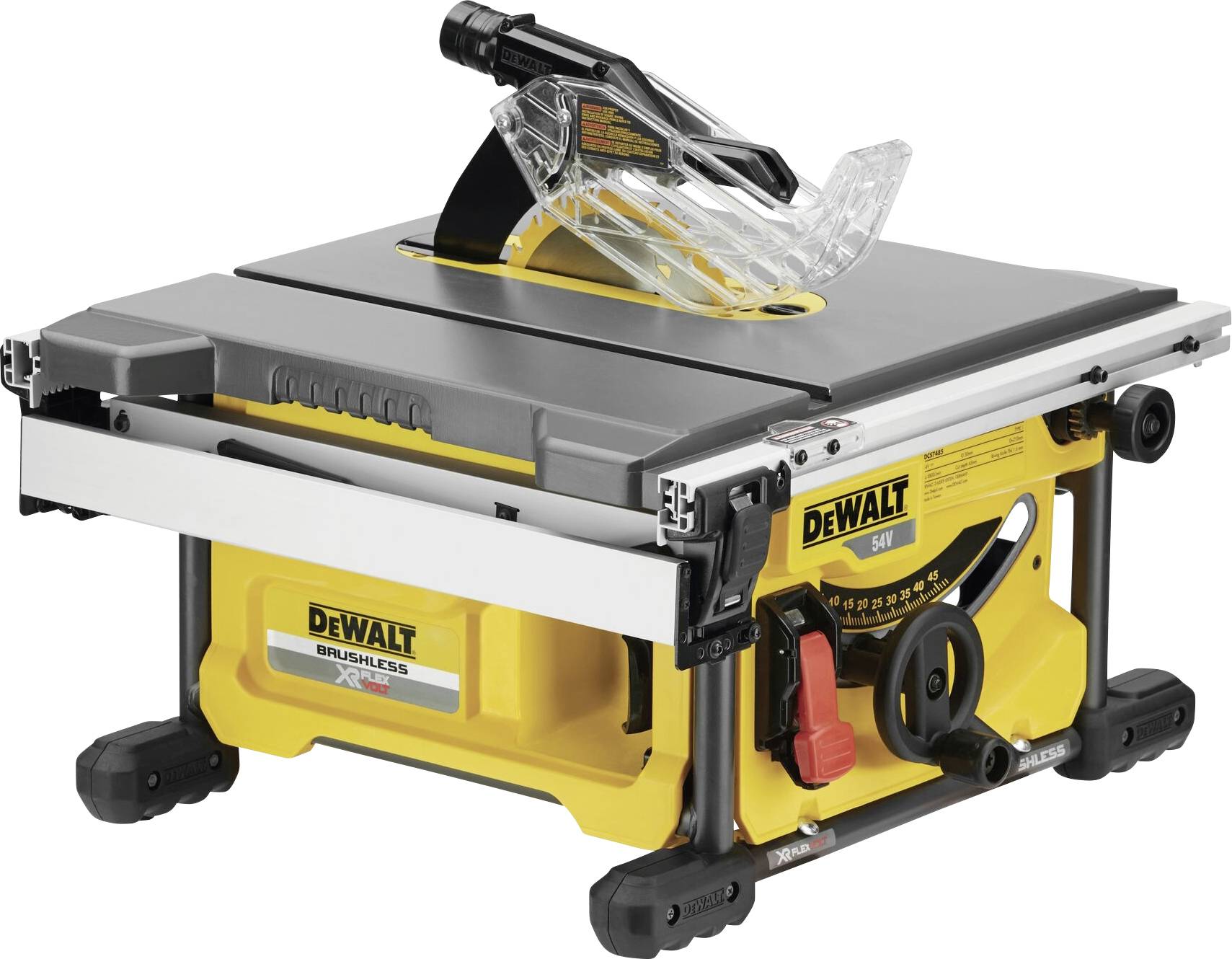 A DEWALT table saw, yellow and black, with a clear blade guard and precise adjustment mechanisms, shown.