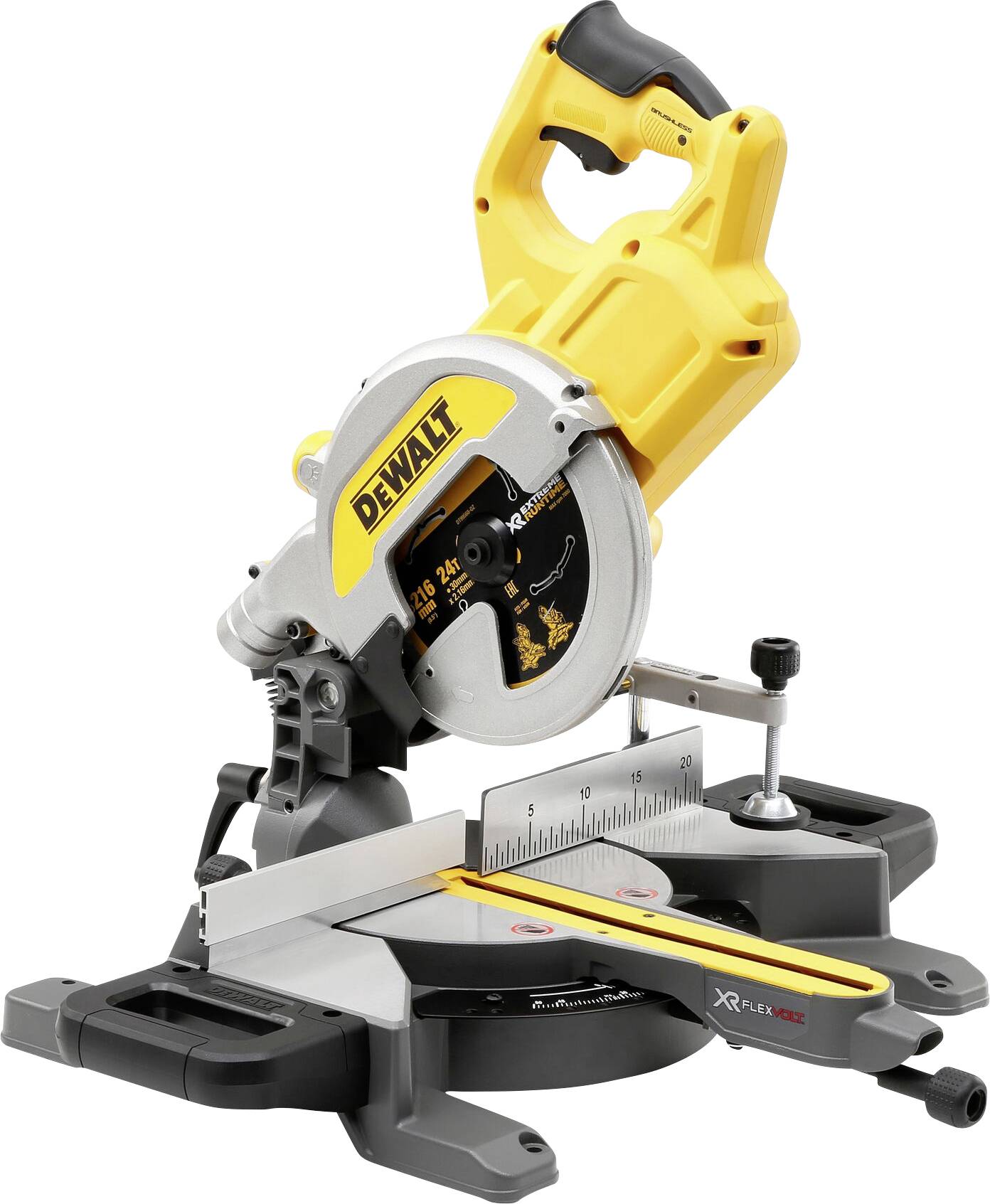 Table mitre saw with yellow handle and measurement scale, suitable for precise wood cutting.