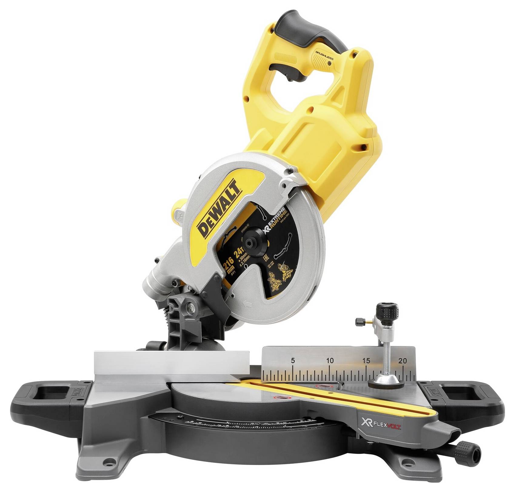 A yellow mitre saw on a black base, marked with 'Dewalt', used for precise wood cutting.