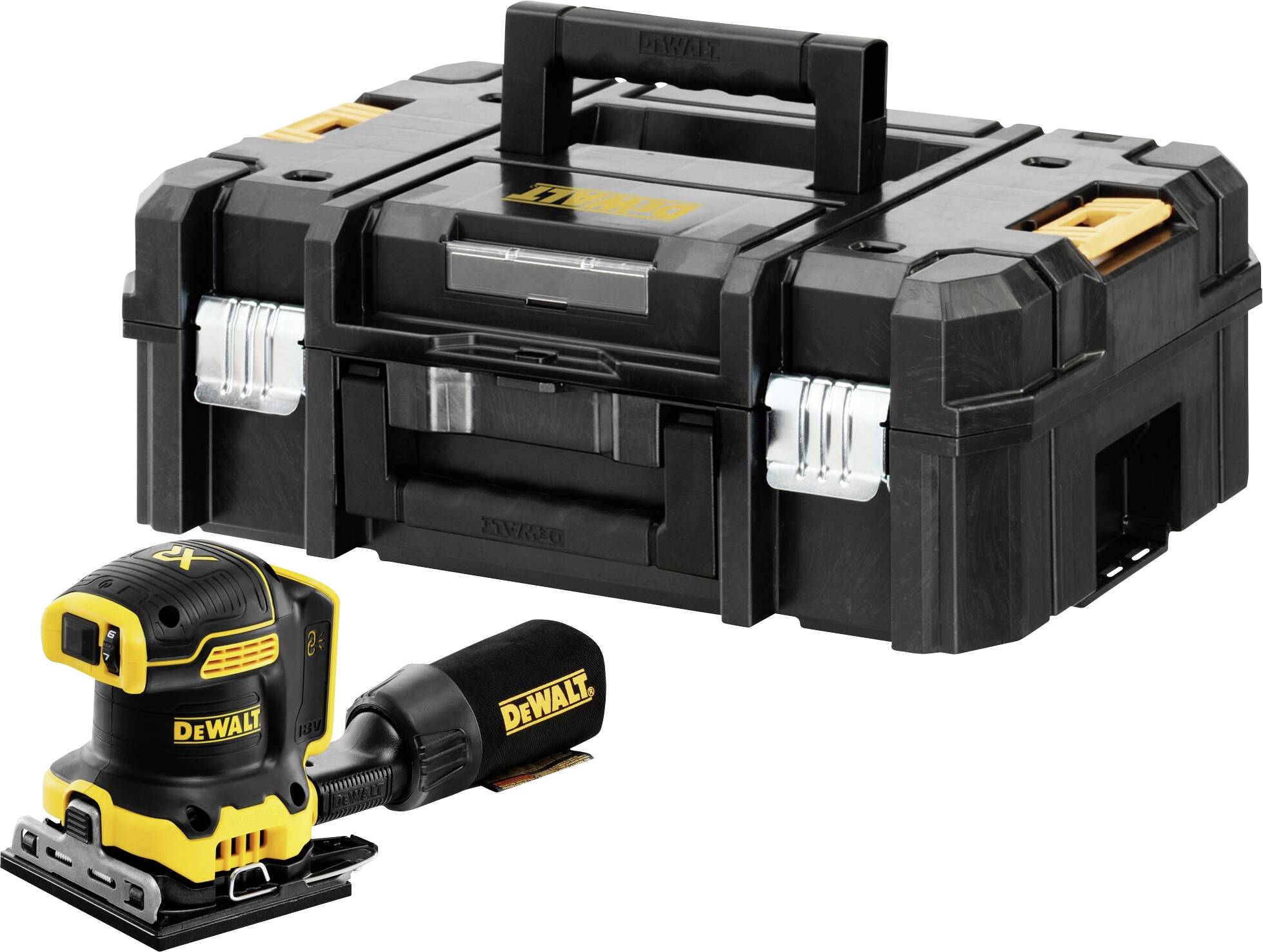 A yellow and black DeWalt grinder with a matching carry case. The grinder is compact and portable.