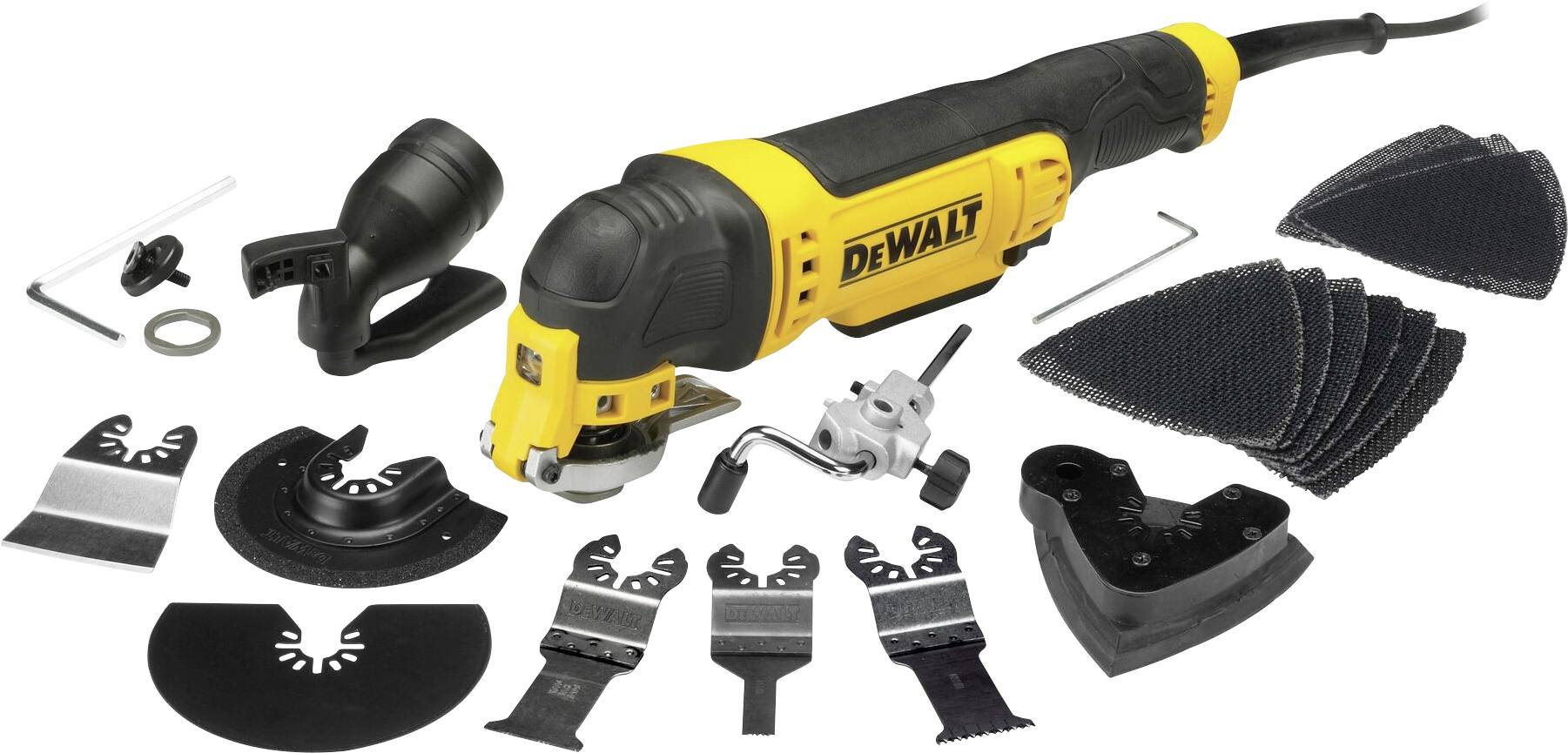 A yellow multi-purpose tool with a 'DEWALT' print and various interchangeable blades and sanding attachments on a white background.
