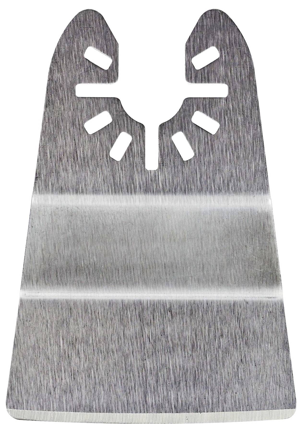 Metallic saw blade with an asymmetrical shape and multiple slots at the top for attachment to a tool.