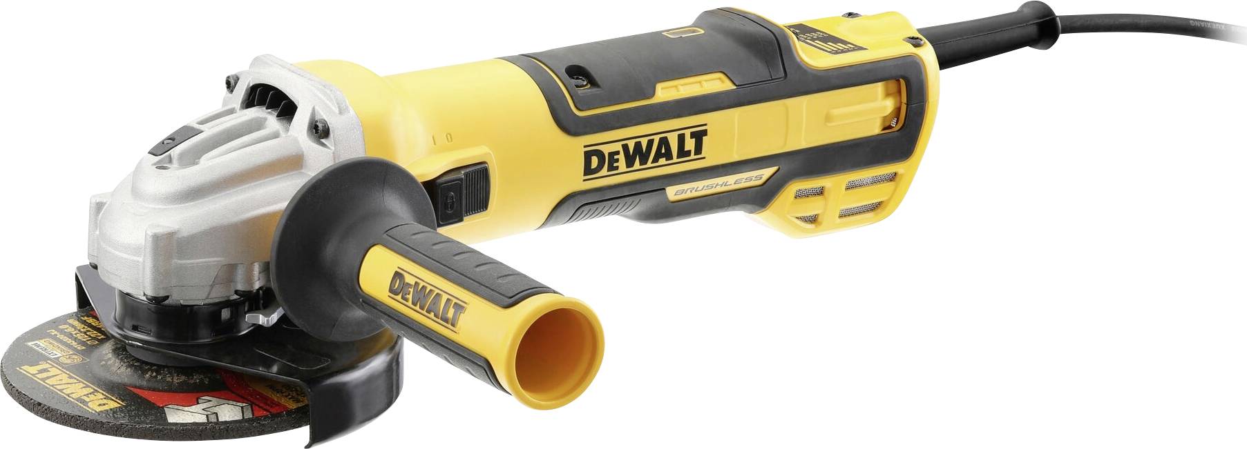 Yellow and black angle grinder with handle and cable. The 'DeWalt' brand is written on the device.