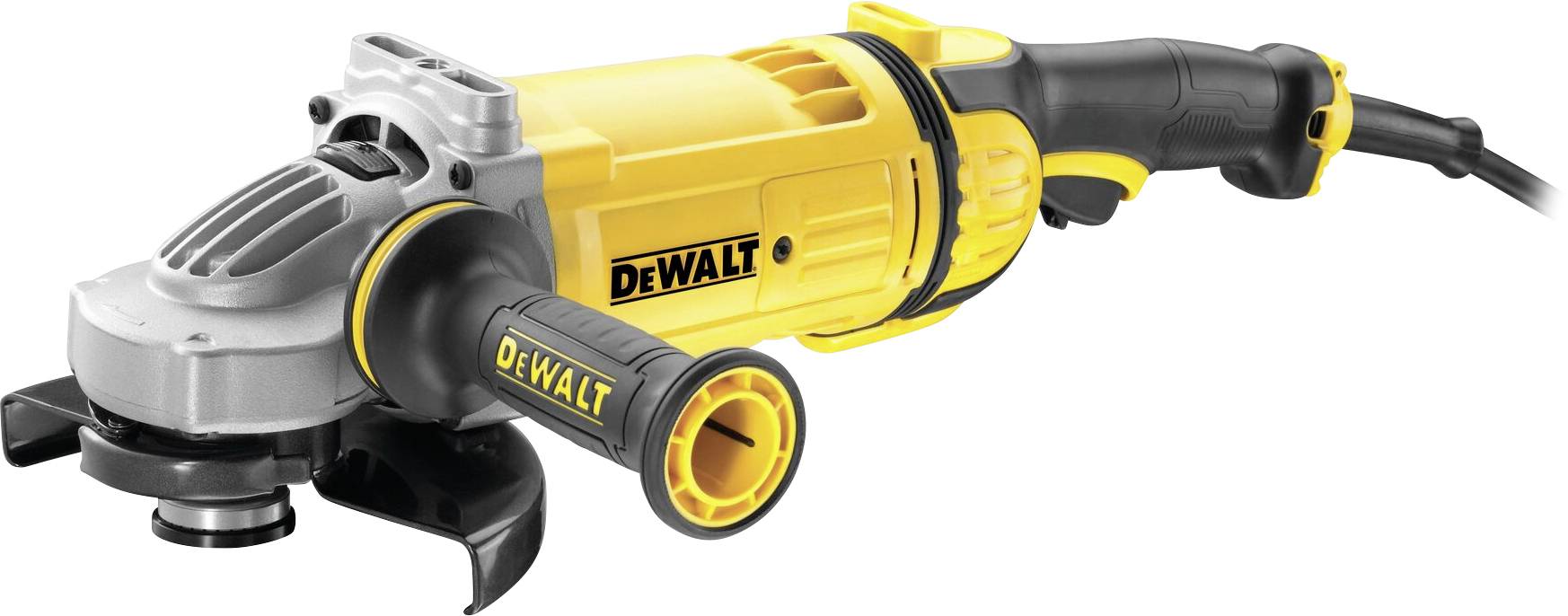 Yellow and black angle grinder with long handle, marked with 'DeWALT'. Suitable for cutting and grinding materials.