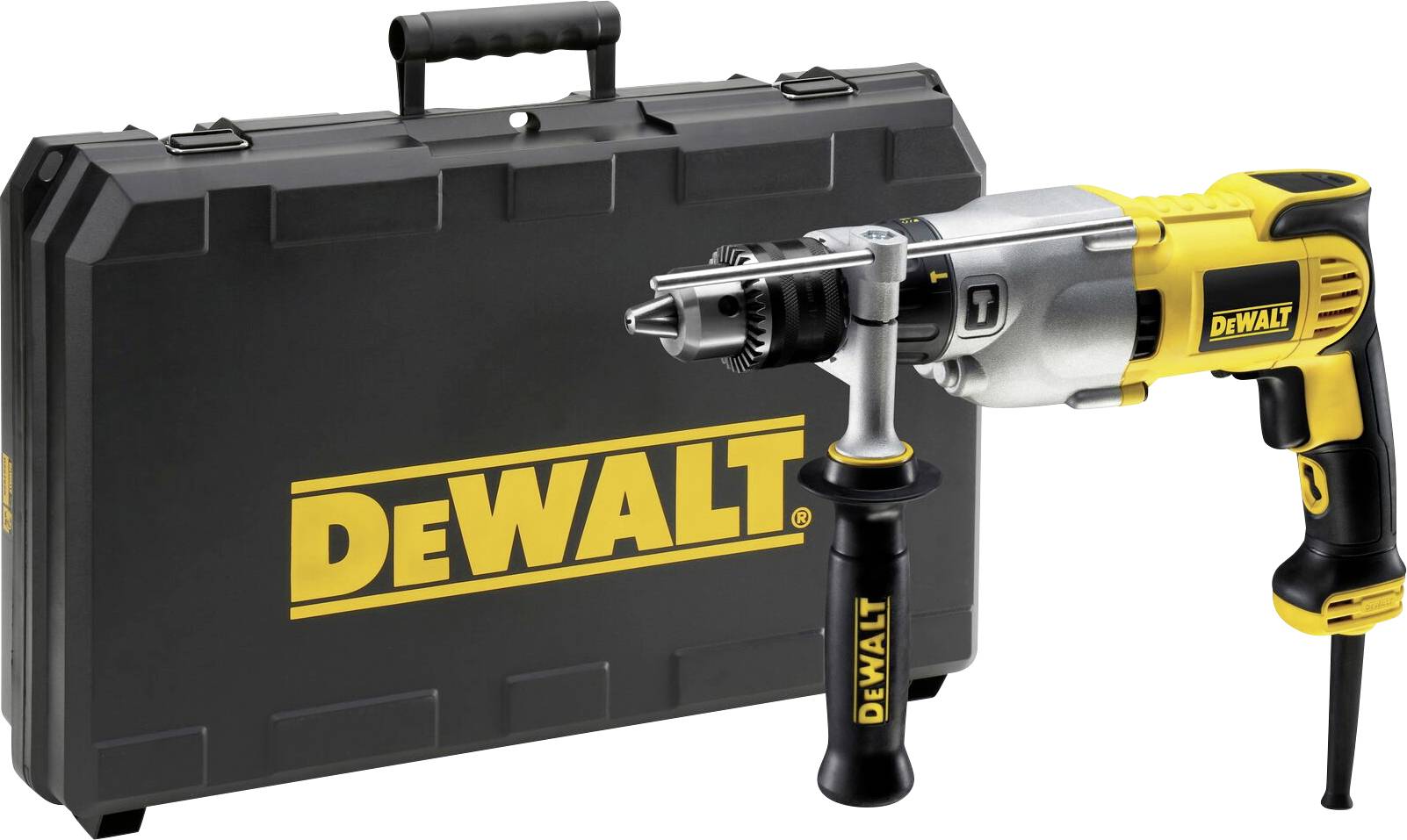 A yellow and black hammer drill with an auxiliary handle lies in front of a matching black tool case with a brand logo.