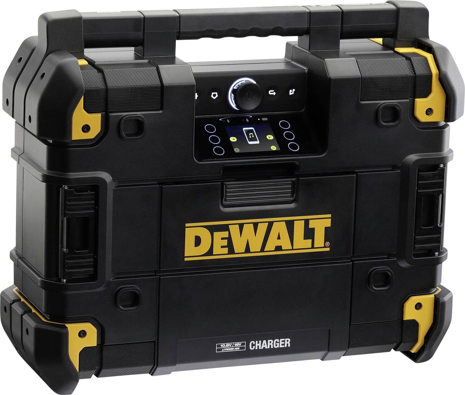 Black DEWALT tool case with yellow accents, robust handle and loading function, ideal for transporting tools.