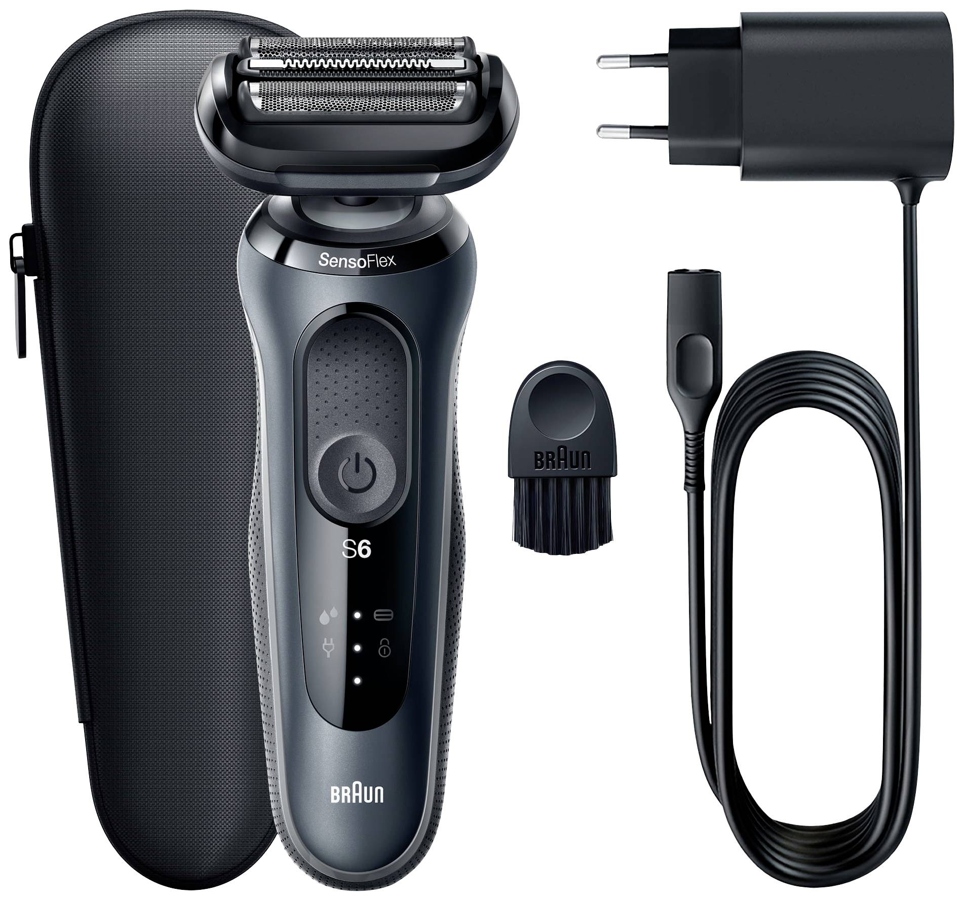 Electric razor with cleaning brush, travel case and charging cable. Brand name and model 'S6 SensoFlex' printed on the razor.