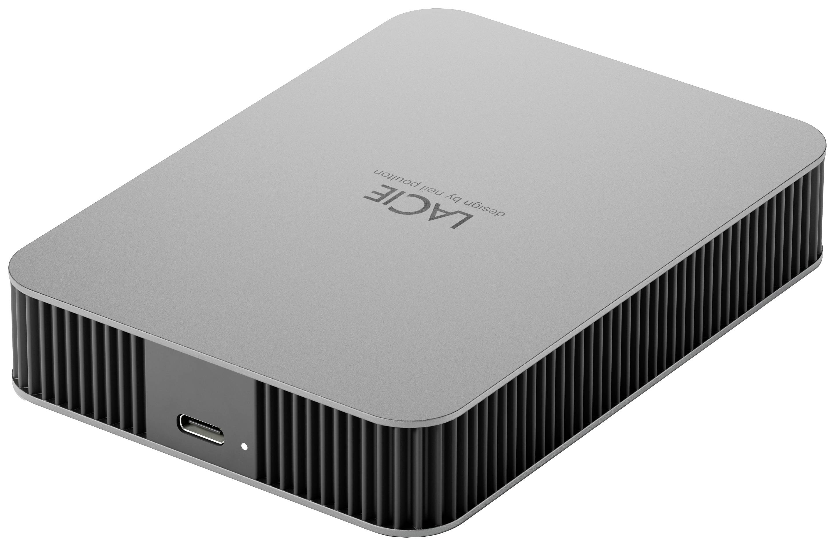 External hard drive with USB-C connection, grey casing.