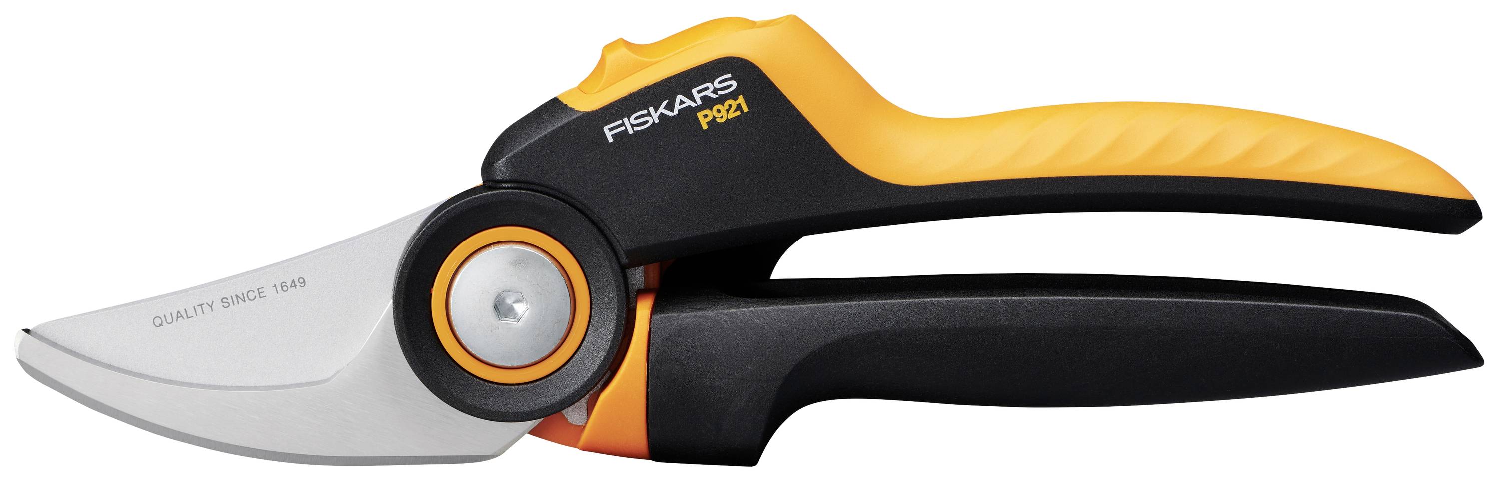 Garden shears with an orange and black handle and steel blades. Marked with 'Fiskars P921'. Suitable for precise cutting of plants.