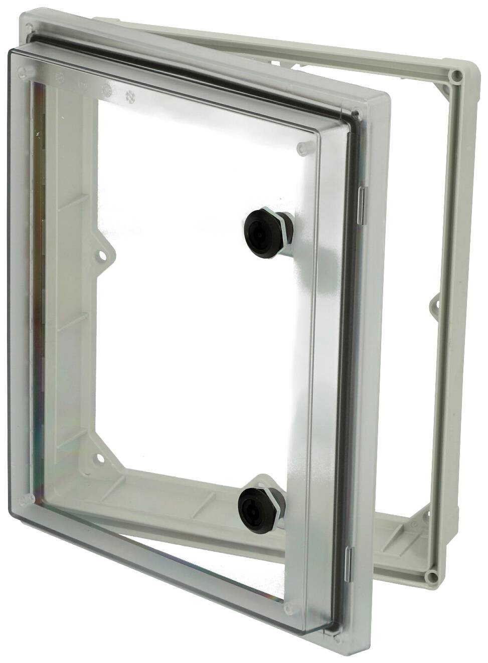 Transparent plastic cover with a rectangular frame and two black fixings for protecting devices or components.