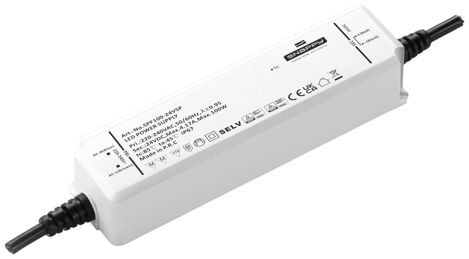 A rectangular, white LED power supply with black end cables. Technical specifications and safety symbols are printed on the surface.