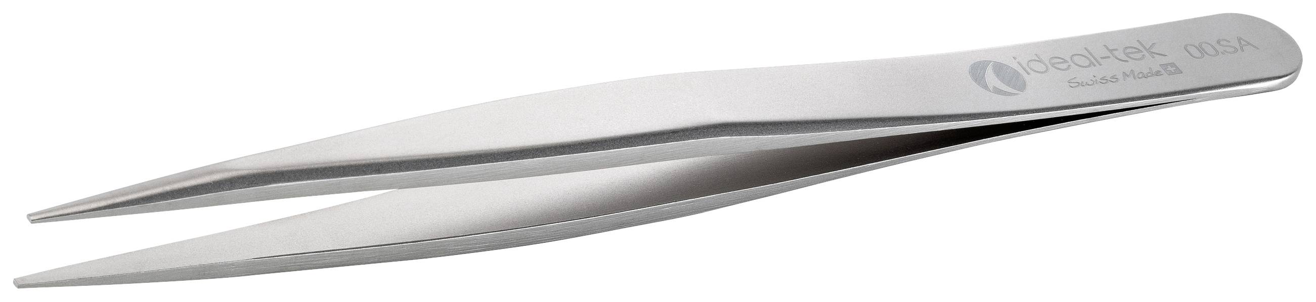 Metal tweezers, flat and tapering to a point; suitable for precise work such as grasping small objects.