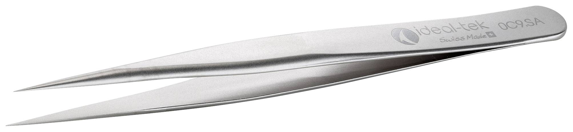 A metal tweezers with pointed tips, suitable for precise work, lies on a white background.