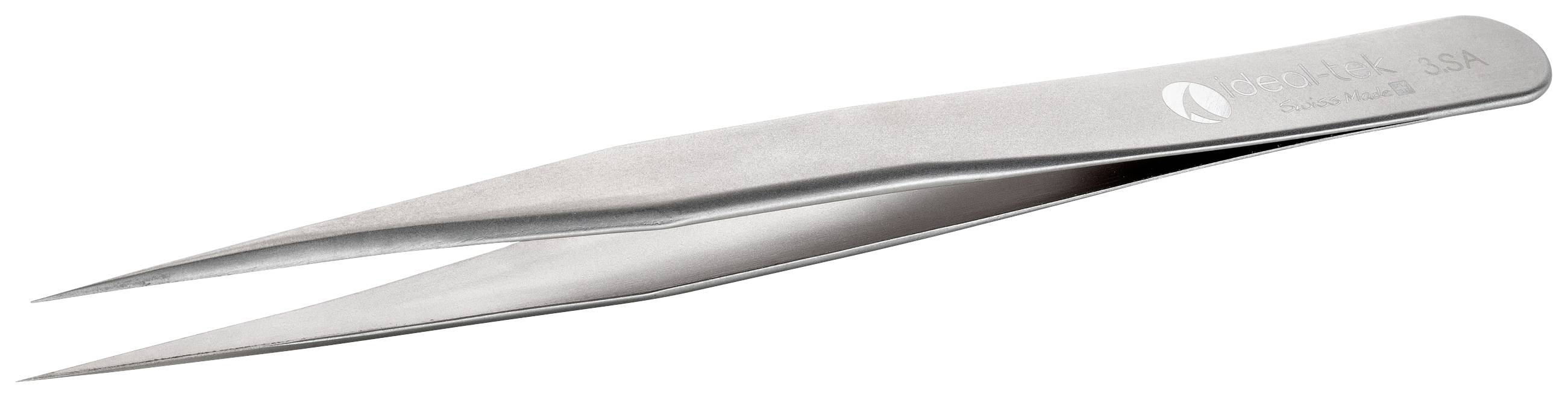 A silver tweezers with sharp points, narrowing to a fine point on the left side.