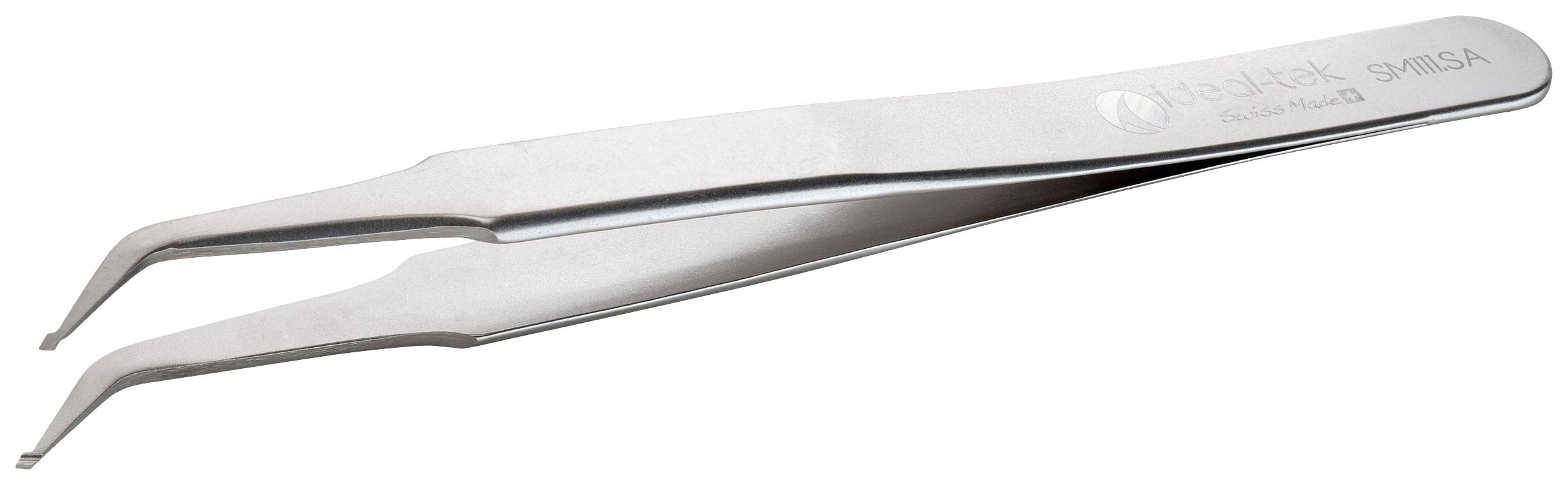 Stainless steel tweezers with curved tips, suitable for precisely gripping small objects.