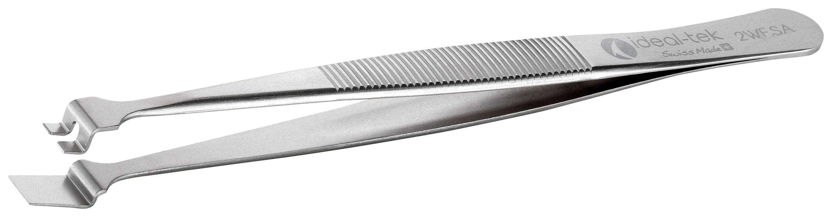 A silver, serrated tweezers from the company 'ideal-tek 2WF.SA'. It has angled, flat tips for precisely gripping small objects.