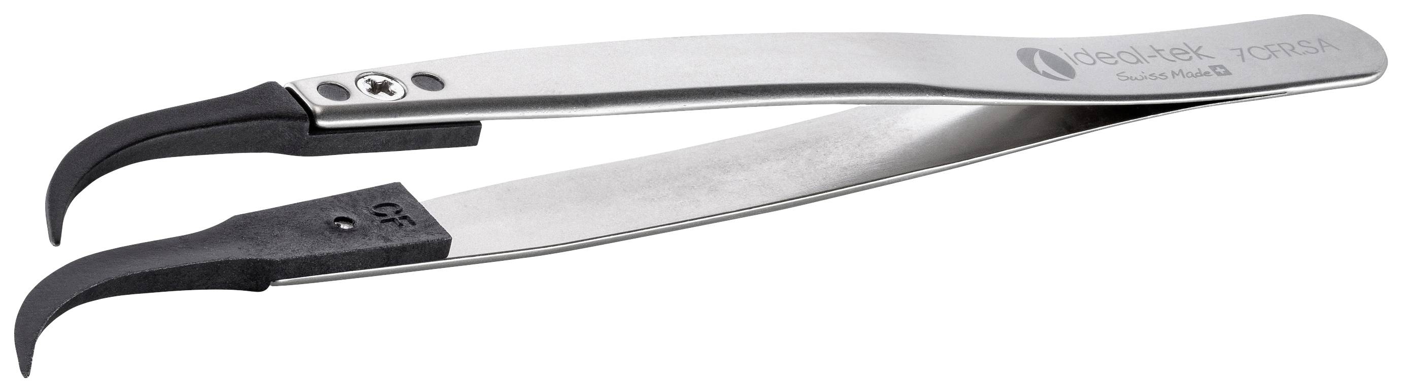A curved tweezers with black, non-slip tips and a silver handle, suitable for precise handling of small objects.