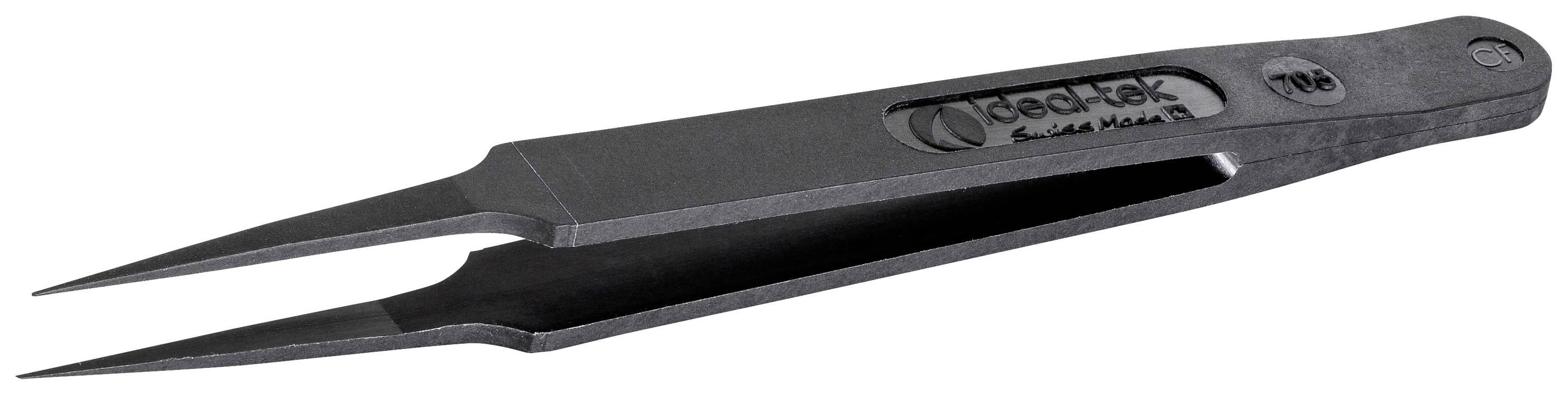 A fine-pointed, black tweezers with a curved handle, marked with 'Ideal-Tek Swiss Made'.