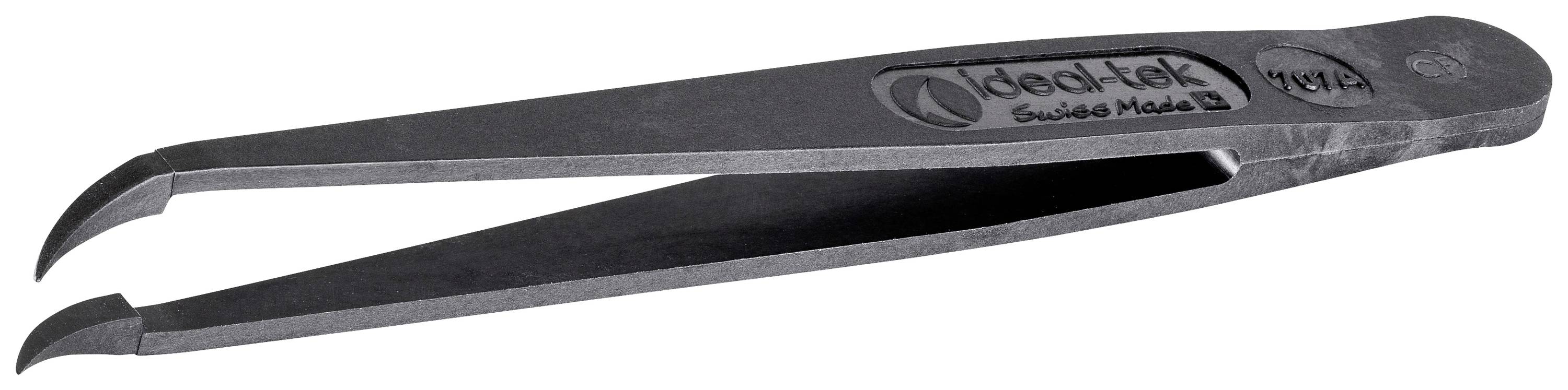 Metal tweezers with a curved tip and 'ideal-tek Swiss Made' brand mark on the surface. Suitable for precise gripping and holding.