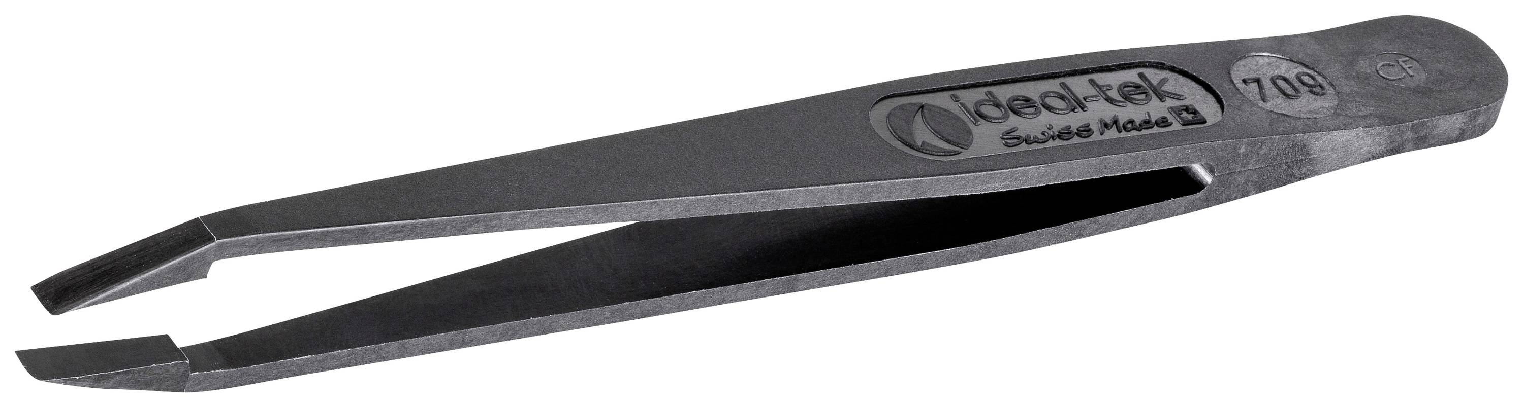 Dark, pointed tweezers with serrated tips, marked with 'ideal-tek Swiss Made' and model number. Suitable for precise work.