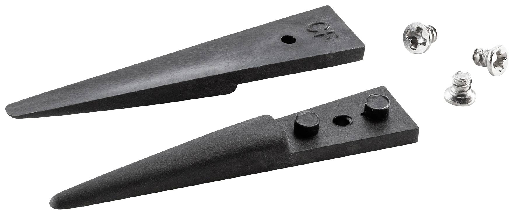 Two black metal wedges with screws, likely spare parts for a tool or machine.