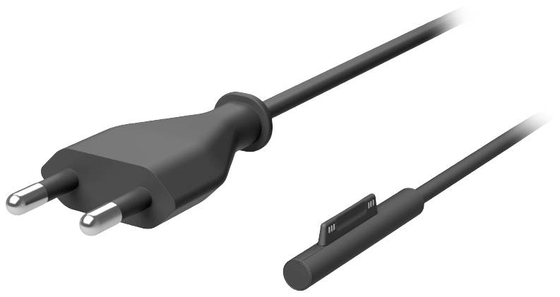 A black charging cable with a European plug on one side and a slim adapter on the other side.