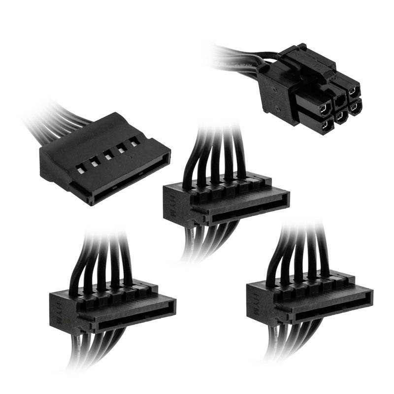 Four black, rectangular power cable connectors for electronic devices, positioned at different angles.