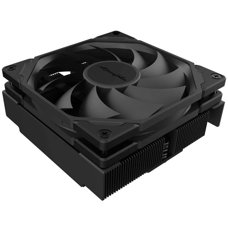 A black, square CPU cooler with a fan and heat fins for computers, designed to dissipate heat from processors.