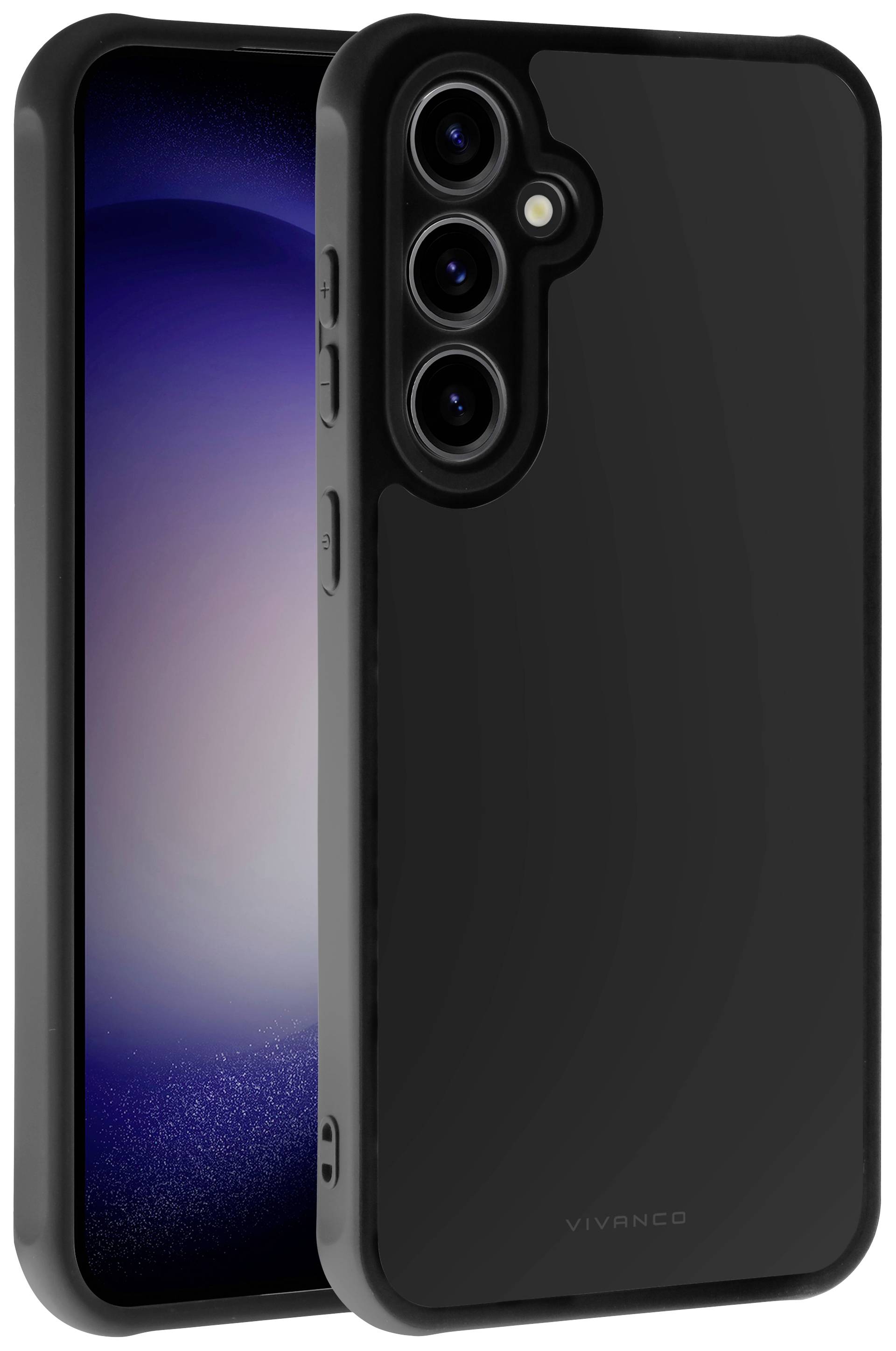 Black smartphone in a minimalist black case, three camera lenses visible, front and back shown.