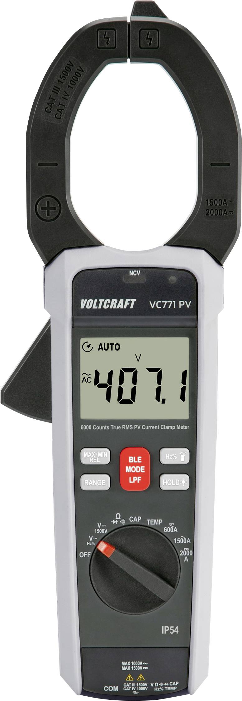 A digital clamp meter displaying a reading of '407.1' on the screen, used for measuring electrical current, voltage, and resistance.