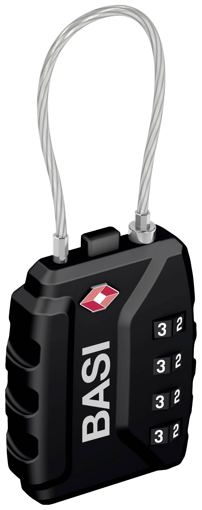 Black combination lock with four rotatable number wheels, carrying handle made of metal cable, safety marking in the top left corner. Brand name 'BASI' on the front.