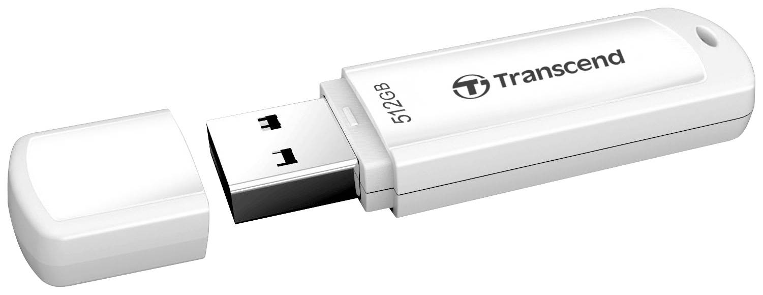 White USB drive with 'Transcend' printed on it and 512GB storage capacity. The lid is removed, exposing the USB connector.
