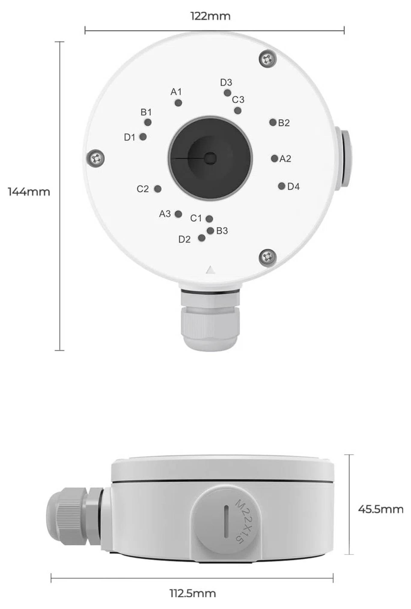 Diagram of a circular junction box with dimensions: 122mm x 144mm (top view), 112.5mm x 45.5mm (side view), and port labels A1 to A3, B1 to B3, C1 to C3, D1 to D3.