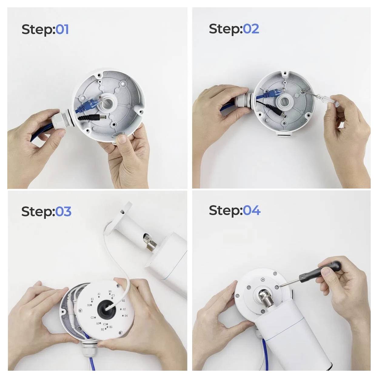 Four-step process for assembling a device: 1) Connect wires, 2) Attach blue component, 3) Secure top cover, 4) Tighten with a screwdriver.