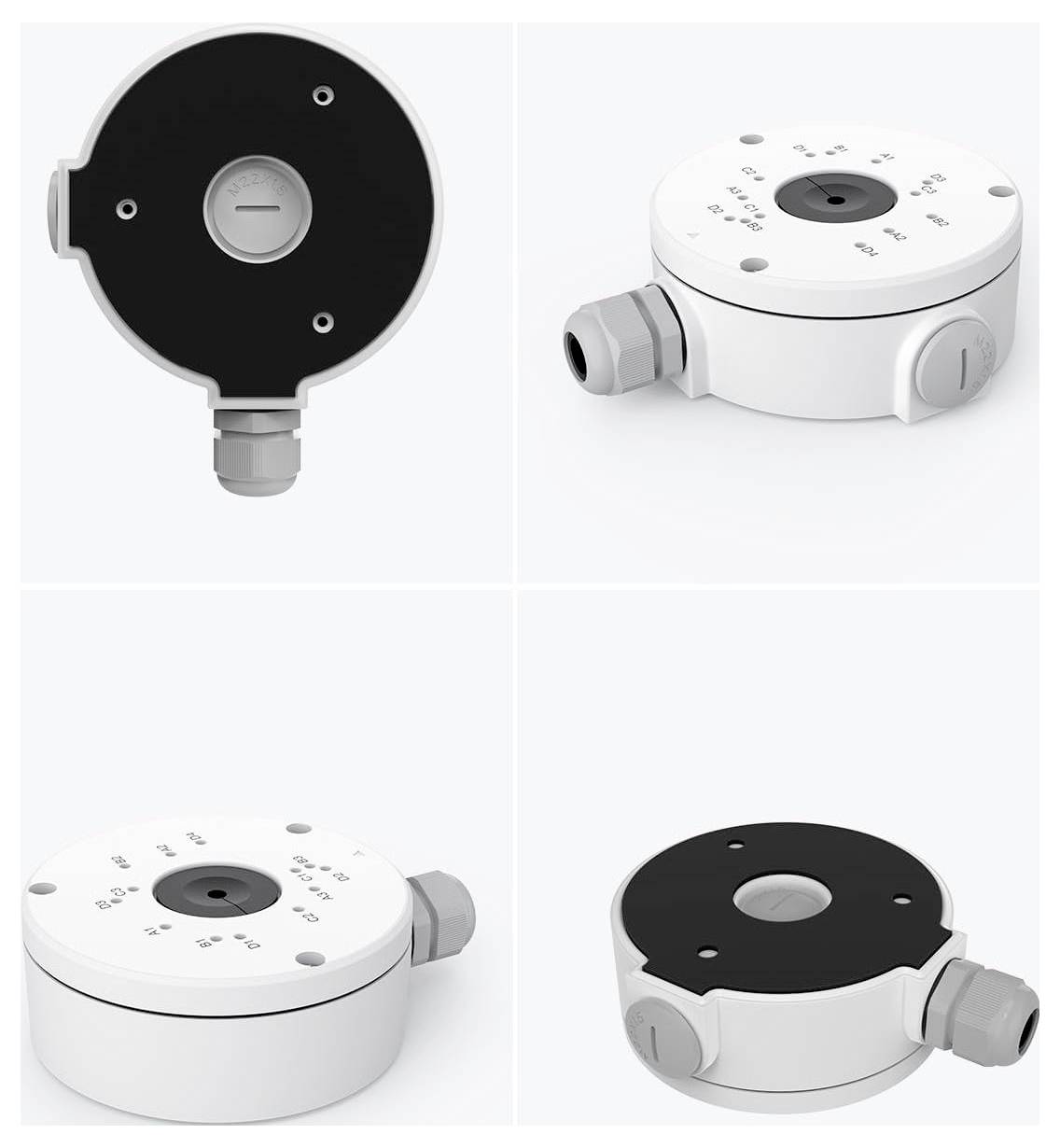 A view of a round, black and white ceiling mount junction box with multiple angles showing side ports for wiring, labeled with specifications.