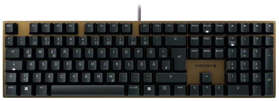 Computer keyboard in British English QWERTY layout with a number pad on the right-hand side. Black keys, brown base plate.