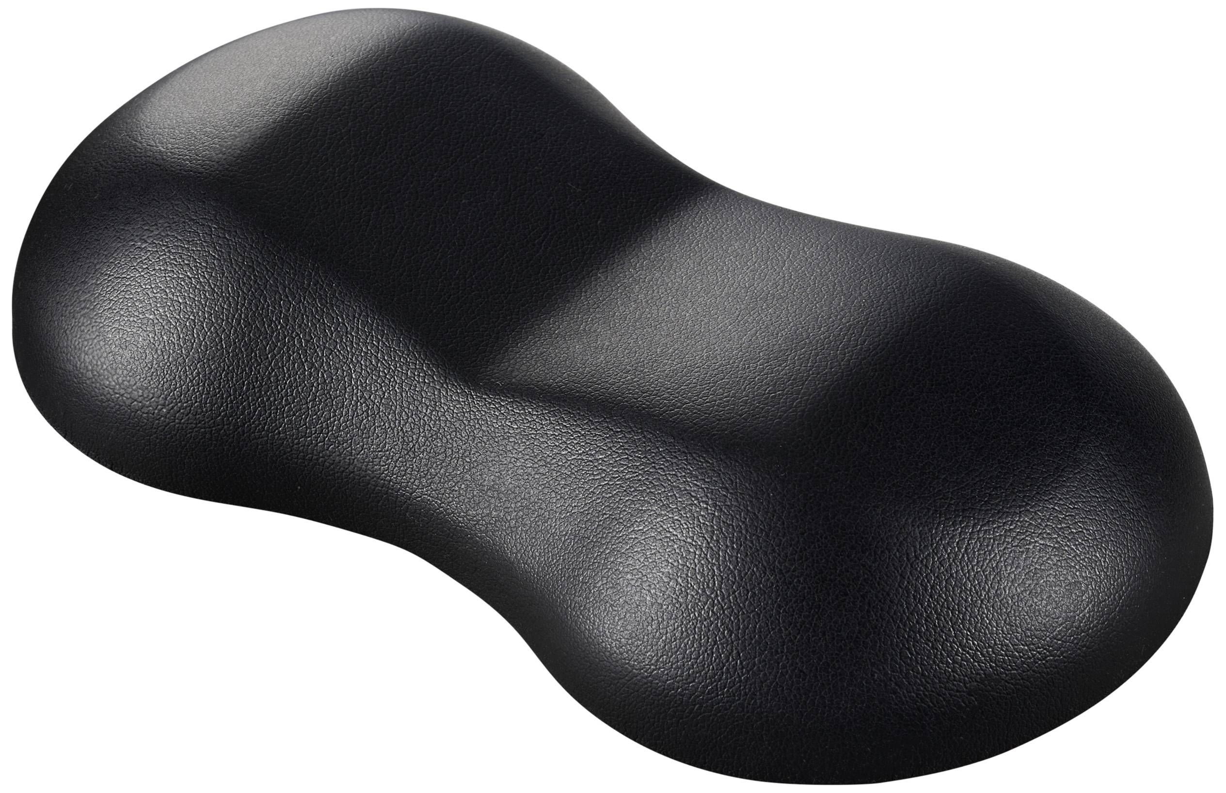 A black, ergonomically shaped wrist support with a wavy surface to assist when using a mouse.