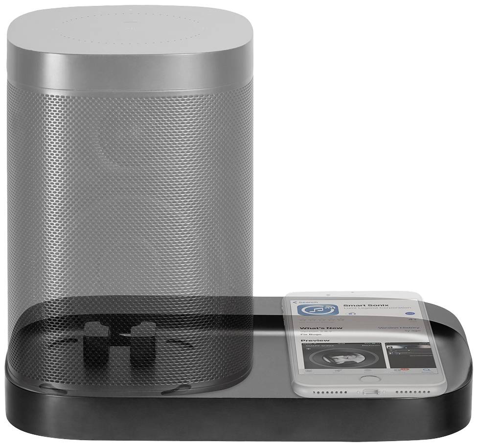 A silver, oval smart speaker with a cylindrical shape sits on a charging dock next to a horizontal smartphone.